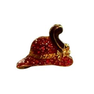 Red Hat Society Glitter Gold-Tone Hat Brooch Pin With Back Clasp